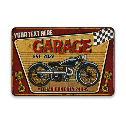 Personalized auto mechanic garage metal sign with chopper motorcycle design for man cave and shop decor