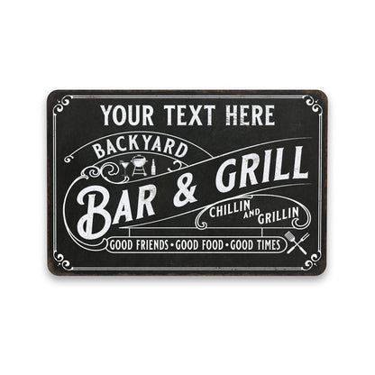 Personalized Backyard Bar and Grill metal sign with custom name for patio, deck, and barbecue wall decor