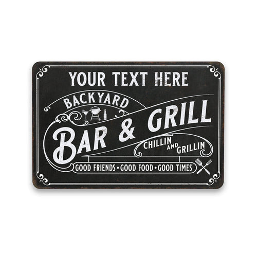 Personalized Backyard Bar and Grill metal sign with custom name for patio, deck, and barbecue wall decor