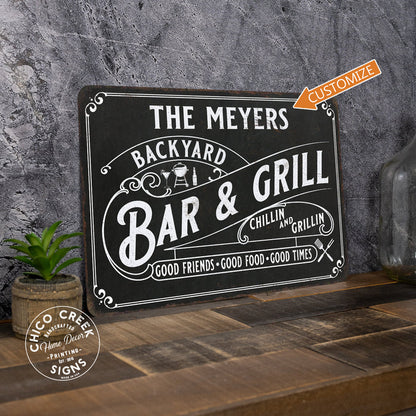 Personalized Backyard Bar and Grill Sign Patio Metal Home Decor Gift Chillin