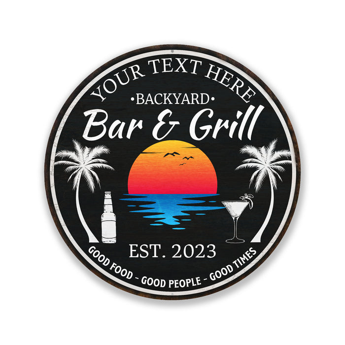 Personalized backyard bar and grill round metal sign with tropical pool and patio design