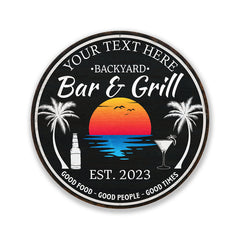 Personalized backyard bar and grill round metal sign with tropical pool and patio design