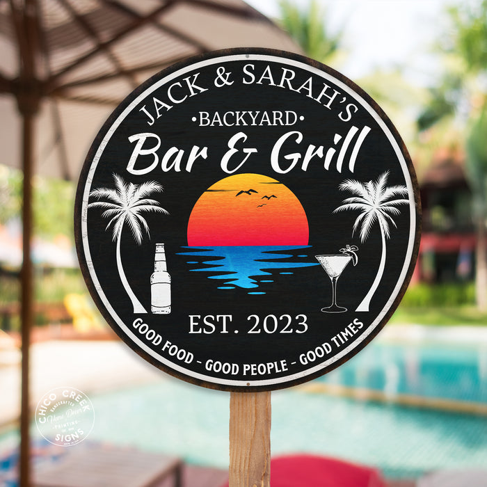 Personalized Backyard Bar & Grill Sign Tropical Decor Pool Porch