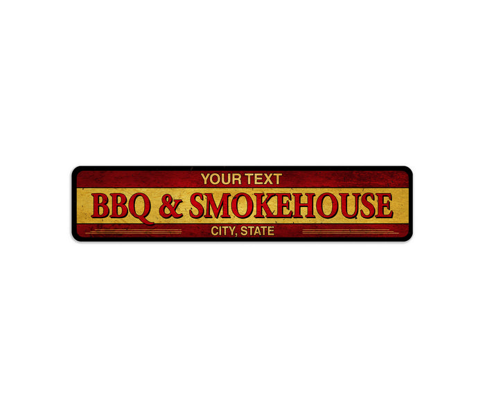 Personalized BBQ smokehouse metal sign with patio and man cave decor