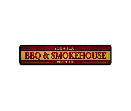 Personalized BBQ smokehouse metal sign with patio and man cave decor