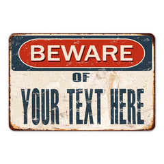 Personalized Beware metal sign with custom name for gate, yard and garage wall decor