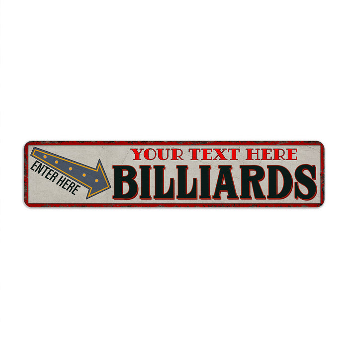 Personalized billiards room and pool hall metal sign with custom name for game rooms.