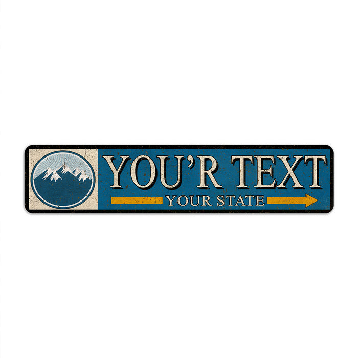 Personalized city state mountain ski metal sign, rustic winter snow sport cabin decor