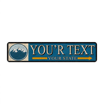 Personalized city state mountain ski metal sign, rustic winter snow sport cabin decor