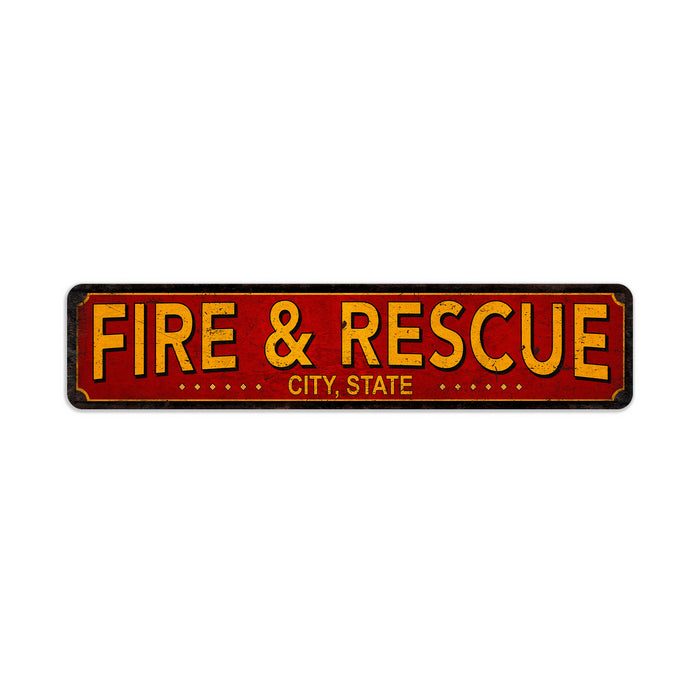 Personalized fire and rescue metal sign with fire station and fireman decor