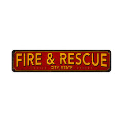 Personalized fire and rescue metal sign with fire station and fireman decor