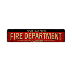 Personalized fire department metal sign with fire station and fireman decor