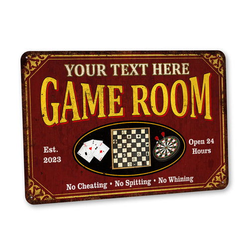 Personalized vintage game room metal sign with chess, board games, poker and darts for a family room