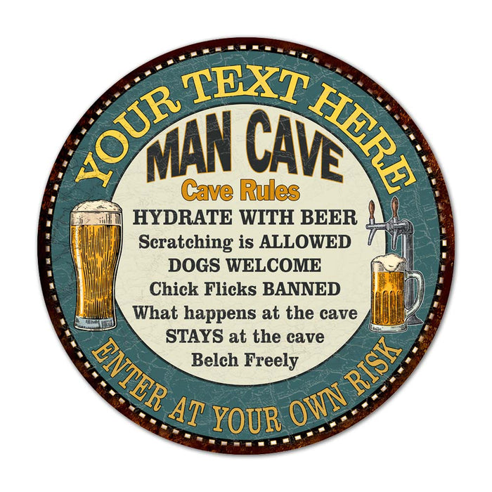 Personalized Man Cave Rules round metal sign with custom name for garage and bar wall decor