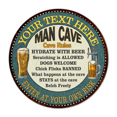 Personalized Man Cave Rules round metal sign with custom name for garage and bar wall decor