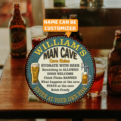 Personalized Man Cave Rules 14" Round Metal Sign Garage Bar Decor