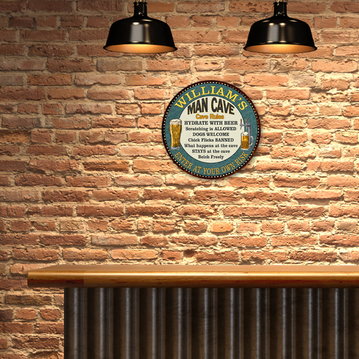 Personalized Man Cave Rules 14" Round Metal Sign Garage Bar Decor