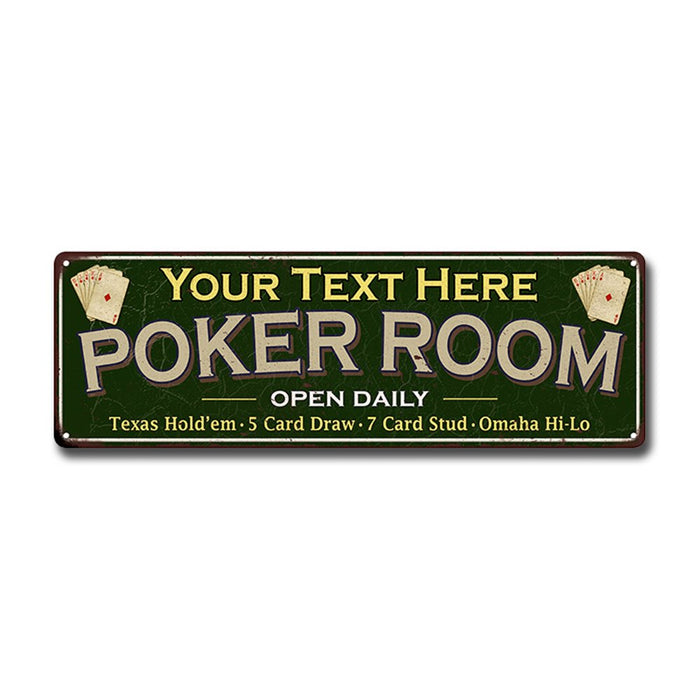 Personalized poker room metal sign with custom name for game room and home bar wall decor