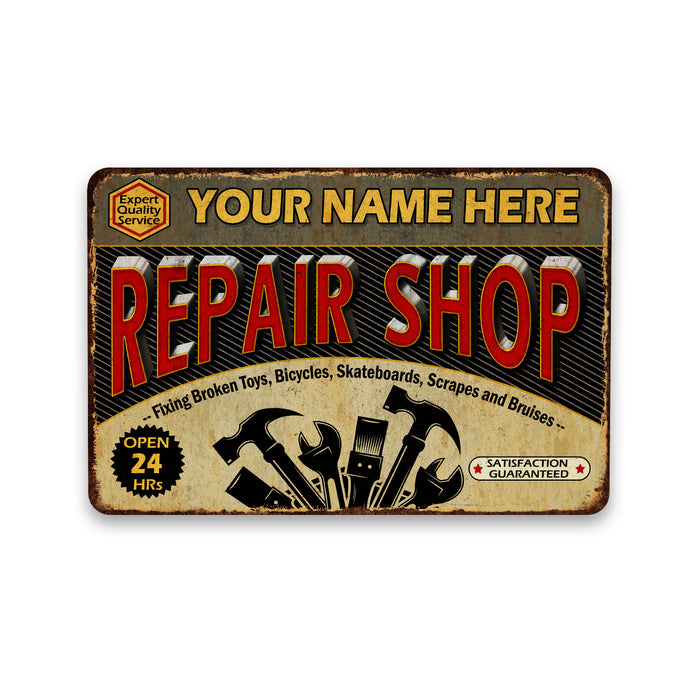 Personalized repair shop metal sign with vintage mechanic tools theme for garage and workshop decor