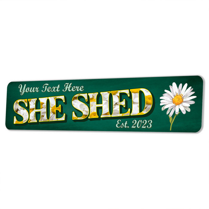 Personalized she shed metal sign with green daisy garden decor