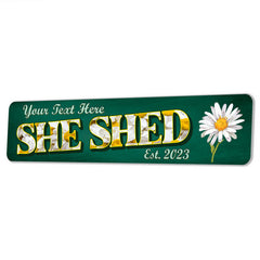 Personalized she shed metal sign with green daisy garden decor