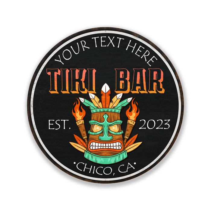 Personalized Tiki Bar metal sign with tropical pool, hot tub and backyard patio theme