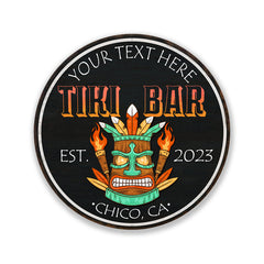 Personalized Tiki Bar metal sign with tropical pool, hot tub and backyard patio theme