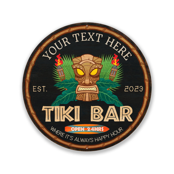 Personalized tiki bar metal sign with tropical pool, porch and patio decor