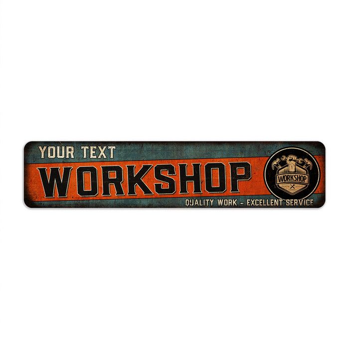 Personalized workshop garage metal sign, rustic wood shop dad grandpa wall decor