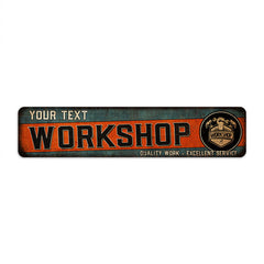 Personalized workshop garage metal sign, rustic wood shop dad grandpa wall decor