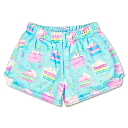 Aqua plush shorts with pastel rainbow cake print for girls