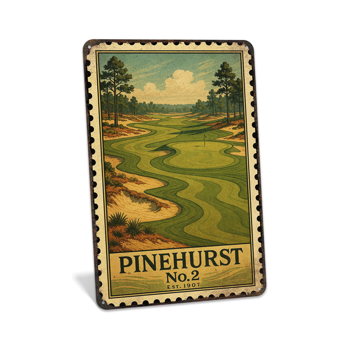 Rustic metal sign featuring a vintage stamp-style illustration inspired by Pinehurst