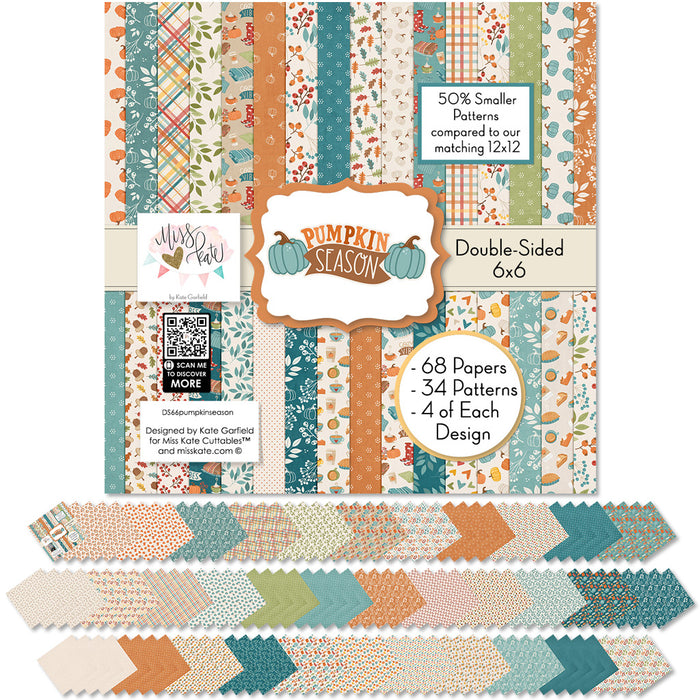 Pumpkin Season 6x6 Double-Sided Paper Pack, 6x6 cover and paper spread out image, showing 6x6 scrapbook paper for handmade cards, mini albums, junk journals, paper layering, small-scale layouts, and coordinated paper crafts. Buyer theme: Fall 6x6 Scrapbook Paper for Cards & Mini Albums. 6x6 double-sided fall scrapbook paper pack with scaled pumpkin, plaid, botanical, and cozy autumn designs. Visible artwork includes pumpkins, hot drink mugs, pie slices, sweaters