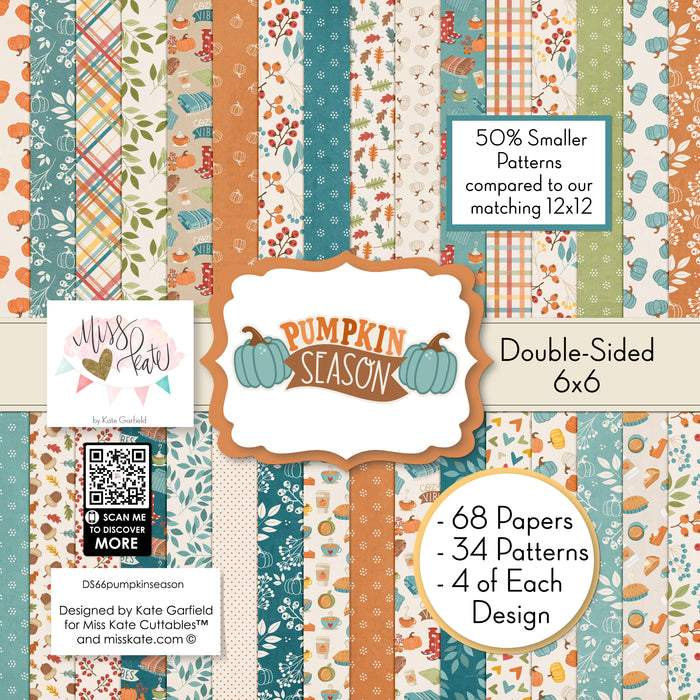 Pumpkin Season 6x6 Double-Sided Paper Pack, high resolution cover image, showing 6x6 scrapbook paper for handmade cards, mini albums, junk journals, paper layering, small-scale layouts, and coordinated paper crafts. Buyer theme: Fall 6x6 Scrapbook Paper for Cards & Mini Albums. 6x6 double-sided fall scrapbook paper pack with scaled pumpkin, plaid, botanical, and cozy autumn designs. Visible artwork includes hot drink mugs, pie slices, sweaters, blankets