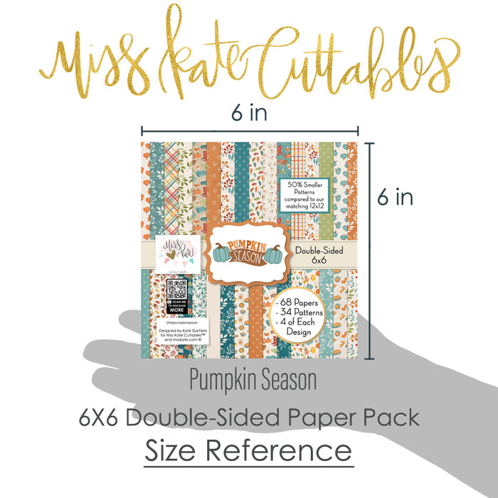 Pumpkin Season 6x6 Double-Sided Paper Pack, size guide shown in hand for scale, showing 6x6 scrapbook paper for handmade cards, mini albums, junk journals, paper layering, small-scale layouts, and coordinated paper crafts. Buyer theme: Fall 6x6 Scrapbook Paper for Cards & Mini Albums. 6x6 double-sided fall scrapbook paper pack with scaled pumpkin, plaid, botanical, and cozy autumn designs. Visible artwork includes pie slices, sweaters, blankets, autumn leaves