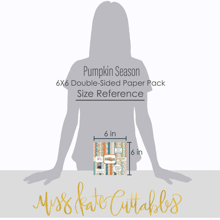 Pumpkin Season 6x6 Double-Sided Paper Pack, standing size guide image, showing 6x6 scrapbook paper for handmade cards, mini albums, junk journals, paper layering, small-scale layouts, and coordinated paper crafts. Buyer theme: Fall 6x6 Scrapbook Paper for Cards & Mini Albums. 6x6 double-sided fall scrapbook paper pack with scaled pumpkin, plaid, botanical, and cozy autumn designs. Visible artwork includes sweaters, blankets, autumn leaves, acorns