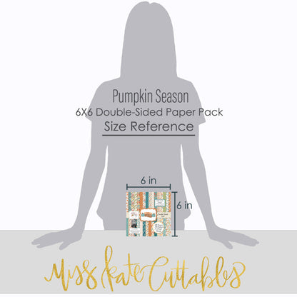 Pumpkin Season 6x6 Double-Sided Paper Pack, standing size guide image, showing 6x6 scrapbook paper for handmade cards, mini albums, junk journals, paper layering, small-scale layouts, and coordinated paper crafts. Buyer theme: Fall 6x6 Scrapbook Paper for Cards & Mini Albums. 6x6 double-sided fall scrapbook paper pack with scaled pumpkin, plaid, botanical, and cozy autumn designs. Visible artwork includes sweaters, blankets, autumn leaves, acorns