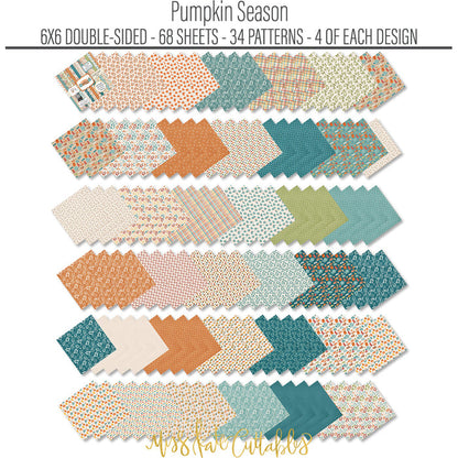 Pumpkin Season 6x6 Double-Sided Paper Pack, papers spread out image, showing 6x6 scrapbook paper for handmade cards, mini albums, junk journals, paper layering, small-scale layouts, and coordinated paper crafts. Buyer theme: Fall 6x6 Scrapbook Paper for Cards & Mini Albums. 6x6 double-sided fall scrapbook paper pack with scaled pumpkin, plaid, botanical, and cozy autumn designs. Visible artwork includes blankets, autumn leaves, acorns, berry sprigs