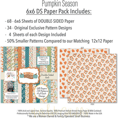Pumpkin Season 6x6 Double-Sided Paper Pack, 6x6 paper pack cover and includes preview, showing 6x6 scrapbook paper for handmade cards, mini albums, junk journals, paper layering, small-scale layouts, and coordinated paper crafts. Buyer theme: Fall 6x6 Scrapbook Paper for Cards & Mini Albums. 6x6 double-sided fall scrapbook paper pack with scaled pumpkin, plaid, botanical, and cozy autumn designs. Visible artwork includes autumn leaves, acorns, berry sprigs, journaling cards