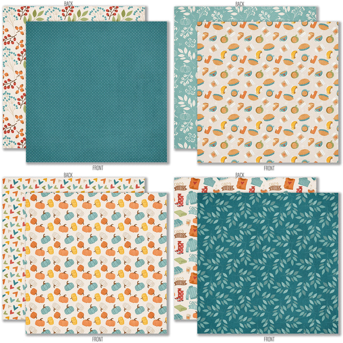 Pumpkin Season 6x6 Double-Sided Paper Pack, 6x6 double-sided paper pack paper patterns 1 through 8 preview, showing 6x6 scrapbook paper for handmade cards, mini albums, junk journals, paper layering, small-scale layouts, and coordinated paper crafts. Buyer theme: Fall 6x6 Scrapbook Paper for Cards & Mini Albums. 6x6 double-sided fall scrapbook paper pack with scaled pumpkin, plaid, botanical, and cozy autumn designs. Coordinating patterns include autumn plaid, pumpkin toss, tiny floral dot