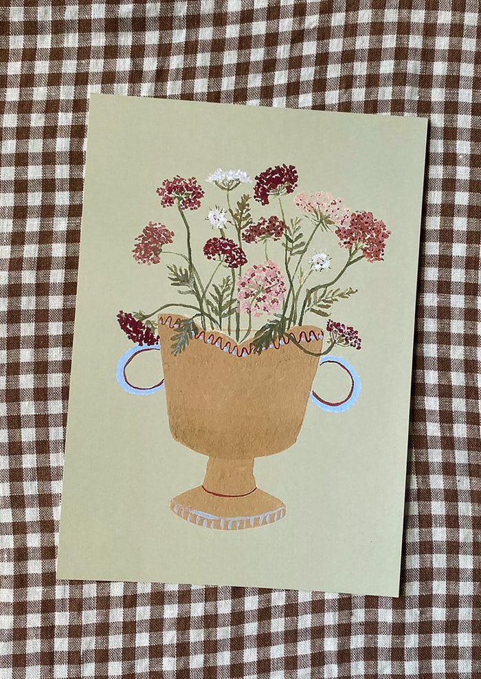 An art print of a painting of queen anne's lace in a planter, on sage green background.