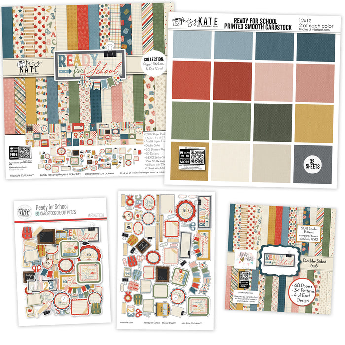 Ready for School Bundle, main product image, showing complete coordinated paper craft set with 12x12 papers, 6x6 papers, cardstock, die cuts, and stickers for layouts, cards, albums, journals, and keepsakes. Buyer theme: Complete Back to School Scrapbook & Paper Crafting Bundle. Ready for School complete coordinated scrapbook bundle with 12x12 and 6x6 papers, cardstock, stickers and die cuts for school-memory projects. Color palette includes dusty blue, deep navy blue, apple red