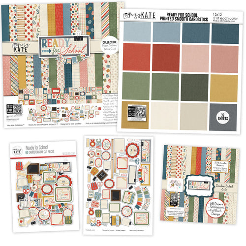 Ready for School Bundle, main product image, showing complete coordinated paper craft set with 12x12 papers, 6x6 papers, cardstock, die cuts, and stickers for layouts, cards, albums, journals, and keepsakes. Buyer theme: Complete Back to School Scrapbook & Paper Crafting Bundle. Ready for School complete coordinated scrapbook bundle with 12x12 and 6x6 papers, cardstock, stickers and die cuts for school-memory projects. Color palette includes dusty blue, deep navy blue, apple red