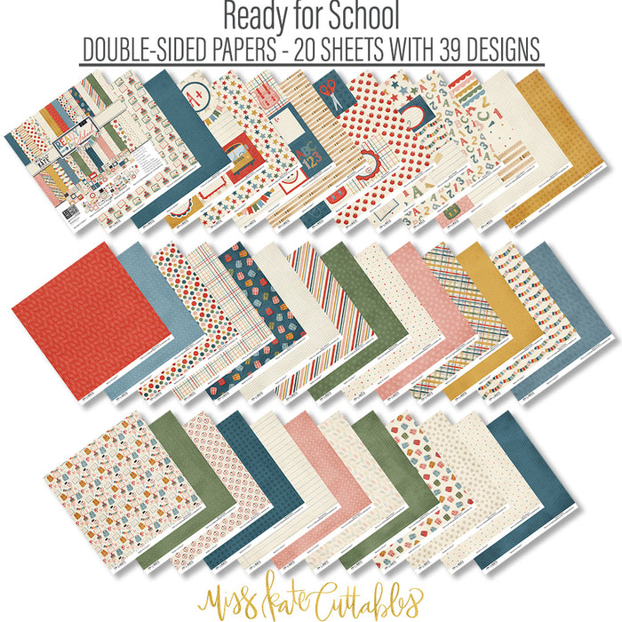 Ready for School Paper & Sticker Kit, paper and sticker kit spread out image, showing 12x12 scrapbook paper and coordinating stickers for first-day layouts, school-year albums, classroom memories, and meaningful memory keeping. Buyer theme: Back to School Scrapbook Paper & Sticker Kit. Ready for School 12x12 Paper & Sticker Kit with double-sided school scrapbook papers, classroom cut-apart elements and coordinating stickers. Color palette includes blush pink, sage green, olive green