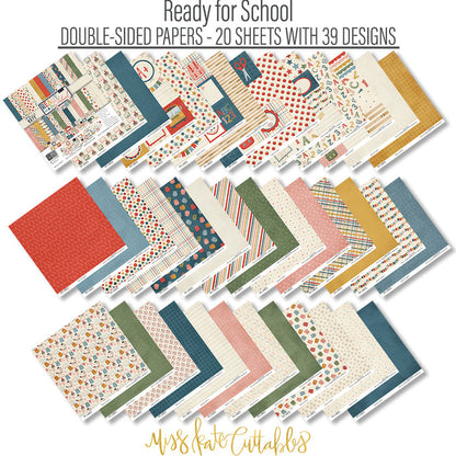 Ready for School Paper & Sticker Kit, paper and sticker kit spread out image, showing 12x12 scrapbook paper and coordinating stickers for first-day layouts, school-year albums, classroom memories, and meaningful memory keeping. Buyer theme: Back to School Scrapbook Paper & Sticker Kit. Ready for School 12x12 Paper & Sticker Kit with double-sided school scrapbook papers, classroom cut-apart elements and coordinating stickers. Color palette includes blush pink, sage green, olive green