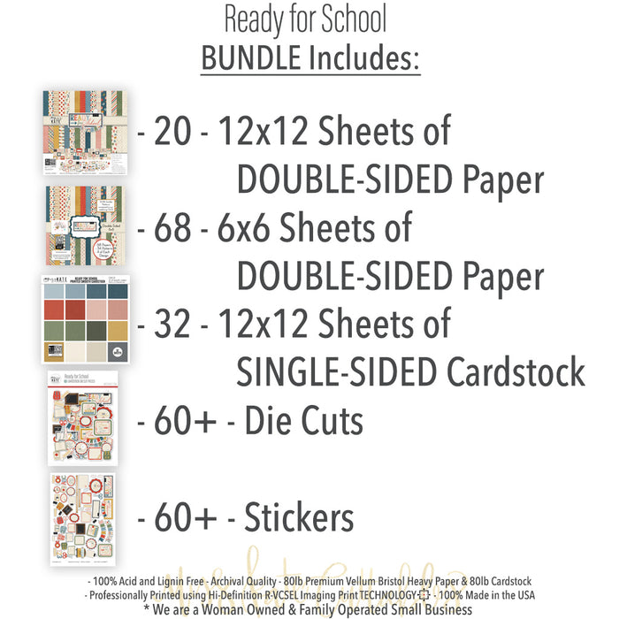 Ready for School Bundle, includes image, showing complete coordinated paper craft set with 12x12 papers, 6x6 papers, cardstock, die cuts, and stickers for layouts, cards, albums, journals, and keepsakes. Buyer theme: Complete Back to School Scrapbook & Paper Crafting Bundle. Ready for School complete coordinated scrapbook bundle with 12x12 and 6x6 papers, cardstock, stickers and die cuts for school-memory projects. Color palette includes apple red, brick red, blush pink