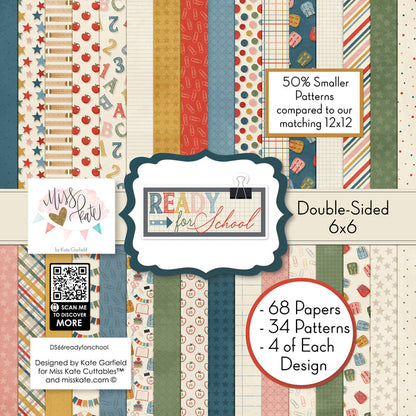 Ready for School 6x6 Double-Sided Paper Pack, high resolution cover image, showing 6x6 scrapbook paper for handmade cards, mini albums, junk journals, paper layering, small-scale layouts, and coordinated paper crafts. Buyer theme: Back to School Card Making & Mini Album Paper Pack. Ready for School 6x6 Double-Sided Paper Pack with scaled schoolhouse patterns including stars, apples, plaid, backpacks, paperclips, notebook lines and graph grids