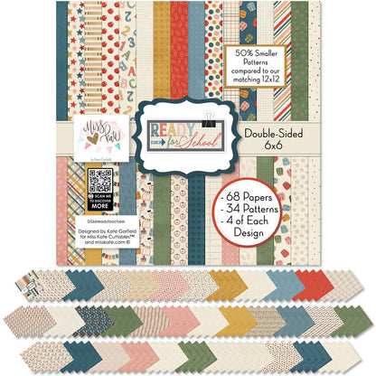 Ready for School 6x6 Double-Sided Paper Pack, 6x6 cover and paper spread out image, showing 6x6 scrapbook paper for handmade cards, mini albums, junk journals, paper layering, small-scale layouts, and coordinated paper crafts. Buyer theme: Back to School Card Making & Mini Album Paper Pack. Ready for School 6x6 Double-Sided Paper Pack with scaled schoolhouse patterns including stars, apples, plaid, backpacks, paperclips, notebook lines and graph grids
