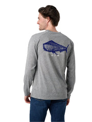 Man wearing a gray long-sleeve shirt with a blue graphic on the back against a white background