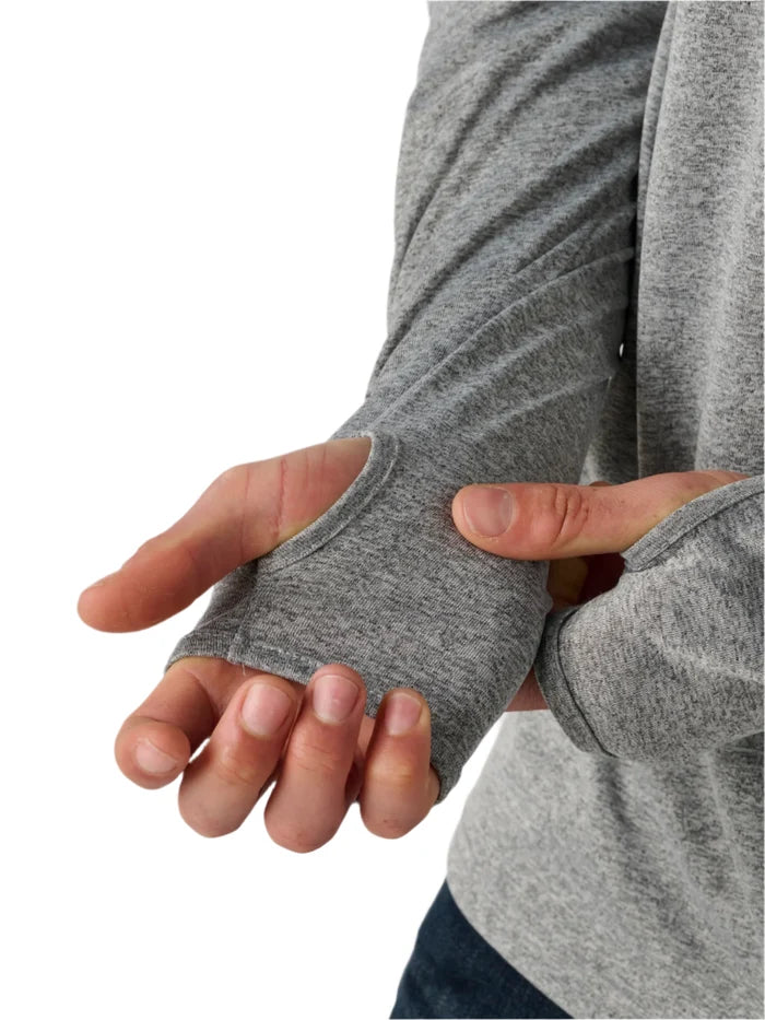Thumhole zoom in view on the long sleeve hoodie in color grey